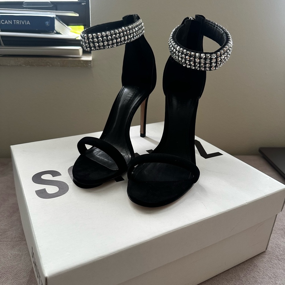 Elegant Black Stiletto Heels with Rhinestone Ankle Strap